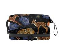 Borsa per cosmetici a doppio strato con volpe addormentata e cervo che corre, per donne e ragazze, borsa da viaggio per trucchi pratica borsa organizer con scomparto per pennelli, Multi, 27x15x14