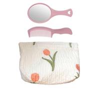 Borsa Per Cosmetici A Tulipano Da 1 Pezzo, Specchio A Mano Da 1 Pezzo, Pettine Da 1 Pezzo, Borsa Per Cosmetici Floreale Fresca, Borsa Per Cosmetici Di Grande Capacità