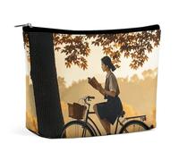 Borsa per cosmetici Borse per trucco per donne Borsa per trucco portatile Silhouette di una donna su una bicicletta in autunno Custodia per trucco Borsa da viaggio per articoli da toeletta per accesso