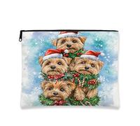 Borsa per cosmetici con cani di Natale, graziosa borsa per il trucco con cucciolo di Yorkshire per le vacanze, borsa portatile in tela con cerniera, borsa da toilette invernale 17,8 x 22,9