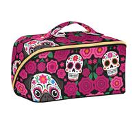 Borsa per cosmetici con carlino Dia De Los Muertos Perro con divisori impermeabili per il trucco da donna con scomparti e manico