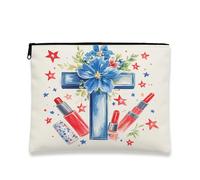 Borsa per cosmetici con croce e fiori, fiori blu, borsa da viaggio rustica chic da viaggio per donne, piccola custodia in tela con cerniera, organizer per articoli da toeletta regalo estivo