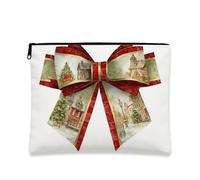 Borsa per cosmetici con fiocco natalizio, borsa vintage per le vacanze, organizer portatile per articoli da toeletta per l'inverno, borsa per il trucco da viaggio festiva, bianco, 7x9 Inch, Fiocco