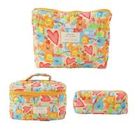 Borsa per cosmetici con fiori, 3 sacchetti per cosmetici trapuntati - Set di lettini estetici da viaggio per donne e ragazze multifunzione, Love Graffiti - Borsa a mano, misura grande, misura media e