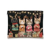 Borsa per cosmetici con gatti natalizi, adorabile sacchetto per le vacanze feline da donna, organizer portatile in tela con cerniera, borsa da toilette invernale per la cura della pelle, nero, 7x9