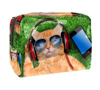 Borsa per cosmetici con gatto che indossa occhiali da sole rilassati sdraiato nell'erba, borsa da viaggio per articoli da toeletta grandi in PVC, pratica custodia organizer con cerniera, Multi,