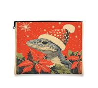 Borsa per cosmetici con geco natalizio, borsa vintage per il trucco da donna, piccola borsa portatile in tela con cerniera, borsa da toilette invernale festiva, 17,8 x 22,9 cm