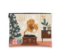 Borsa per cosmetici con musica vintage, astuccio natalizio per trucchi da donna, organizer portatile in tela con cerniera, borsa da toilette per la cura della pelle delle vacanze, Marrone, 7x9 Inch