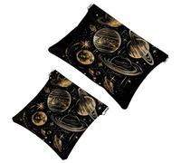 Borsa per cosmetici con pianeti sistema solare galassia e stelle, con motivo nero, impermeabile, senza cerniera, chiusura automatica, mini custodia portatile da viaggio per cuffie e gioielli, Multi,