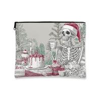 Borsa per cosmetici con scheletro natalizio, astuccio vintage per trucco da donna, organizer portatile con cerniera, borsa da toilette invernale per le feste, Grigio, 7x9 Inch, Schelet