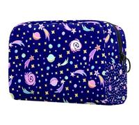 Borsa per cosmetici da donna, con disegni di pianeti e galassie su sfondo blu scuro, con disegno di scarabocchio, borsa da viaggio grande, pratica borsa organizer con cerniera, Multi,