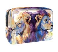 Borsa per cosmetici da donna, con due leoni ad acquerello, borsa da viaggio grande in PVC per trucchi, con cerniera, Multi, 18.5x7.5x13cm/7.3x3x5.1in, Beauty case