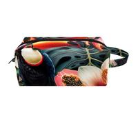 Borsa per cosmetici da donna, con fiori esotici tropicali e tucano, borsa da viaggio in pelle portatile per la scuola, Multicolore 08, 8.2x3.1x3.5 in/21x8x9 cm
