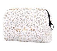 Borsa per cosmetici da donna, con icone disegnate a mano, con scritta "Happy New Year", per articoli da toeletta da viaggio, grande, con cerniera, Multi, 18.5x7.5x13cm/7.3x3x5.1in, Beauty case