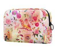 Borsa per cosmetici da donna, con motivo acquerello, uccello, farfalla, fiore su vecchi testi, borsa da viaggio per articoli da toeletta grande, pratica borsa organizer con cerniera, Multi,