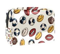 Borsa per cosmetici da donna, con palloni da calcio, rugby, articoli da toeletta da viaggio, grande, in PVC, pratico astuccio organizer con cerniera, Multi, 18.5x7.5x13cm/7.3x3x5.1in, Beauty case