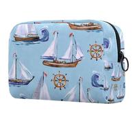 Borsa per cosmetici da donna, con pittura a olio e yacht e onda, borsa da viaggio per articoli da toeletta grandi, pratica borsa organizer con cerniera, Multi, 18.5x7.5x13cm/7.3x3x5.1in, Beauty case