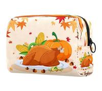 Borsa per cosmetici da donna, con scritta "Happy Thanksgiving Feast", con zucca, tacchino, mais, trousse da viaggio, grande, con cerniera, Multi, 18.5x7.5x13cm/7.3x3x5.1in, Beauty case
