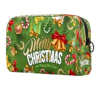 Borsa per cosmetici da donna, con scritta "Merry Christmas and Happy New Year", con sfondo verde, per articoli da toeletta da viaggio, grande, pratica borsa organizer con cerniera, Multi,