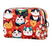 Borsa per cosmetici da donna, con stampa di gatti Maneki Neko, da viaggio, grande, con cerniera, Multi, 18.5x7.5x13cm/7.3x3x5.1in, Beauty case