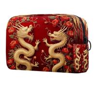 Borsa per cosmetici da donna, con stampa di papaveri rossi e draghi dorati, borsa da viaggio per articoli da toeletta grande, pratica borsa organizer con cerniera, Multi, 18.5x7.5x13cm/7.3x3x5.1in