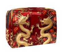 Borsa per cosmetici da donna, con stampa di papaveri rossi e draghi dorati, borsa da viaggio per articoli da toeletta grandi in PVC, pratica borsa organizer con cerniera, Multi, 18.5x7.5x13cm