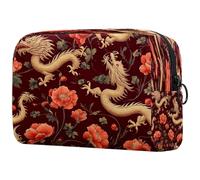 Borsa per cosmetici da donna, con stampa di papaveri rossi e draghi dorati, per articoli da toeletta da viaggio, grande, pratica borsa organizer con cerniera, Multi, 18.5x7.5x13cm/7.3x3x5.1in, Beauty