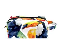 Borsa per cosmetici da donna, con stampa di tucano e piante tropicali ad acquerello, borsa da viaggio in pelle portatile per la scuola, Multicolore 06, 8.2x3.1x3.5 in/21x8x9 cm