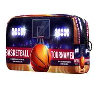 Borsa per cosmetici da donna, con striscione in stile cartone animato con torneo di basket, borsa da viaggio per articoli da toeletta grande, pratica borsa organizer con cerniera, Multi,