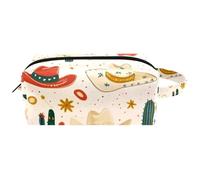 Borsa per cosmetici da donna in pelle colorata con cappello da cowboy con cactus, ferro di cavallo e stelle, borsa per cosmetici con manico, borsa da viaggio impermeabile da appendere, piccolo