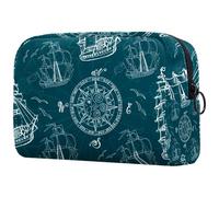 Borsa per cosmetici da donna, motivo: barca a vela, con bussola, gabbiani, borsa da viaggio per articoli da toeletta grande, pratica borsa organizer con cerniera, Multi, 18.5x7.5x13cm/7.3x3x5.1in,