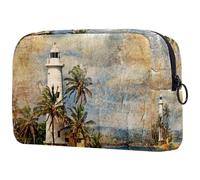 Borsa per cosmetici da donna, stile retrò, con faro sullo Sri Lanka, borsa da viaggio per articoli da toeletta grande, pratica borsa organizer con cerniera, Multi, 18.5x7.5x13cm/7.3x3x5.1in, Beauty