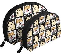 Borsa per cosmetici da viaggio, 2 pezzi, griglia nera, Shiba Inu Doge, borsa da toilette da donna