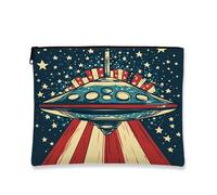 Borsa per cosmetici da viaggio a tema UFO, vintage, con cerniera, organizer in tela per osservare le stelle, regalo per festival stagionali, Blu, 7x9 Inch, Ufo