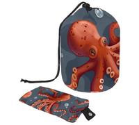 Borsa per cosmetici da viaggio, borsa per il trucco a secchiello, borsa pieghevole portatile da donna, motivo polipo rosso a forma di oceano, multifunzionale, organizer rotondo, Oceano Polpo Rosso