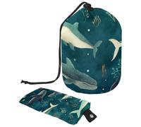 Borsa per cosmetici da viaggio, borsa per il trucco a secchiello, borsa pieghevole portatile da donna, con motivo balena e mare, multifunzionale, organizer rotondo, Mondo del Mare Balena Cartoon,