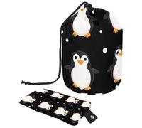 Borsa per cosmetici da viaggio con coulisse, borsa per il trucco a barile, con stampa di pinguini, grande, organizer per articoli da toeletta impermeabile per, Simpatica stampa con mini pinguini,