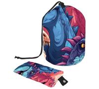 Borsa per cosmetici da viaggio con coulisse, borsa per il trucco a barile, organizer per articoli da toeletta grande con dinosauri artistici colorati, Colorato mondo di dinosauri,