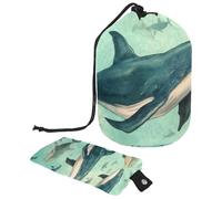 Borsa per cosmetici da viaggio con coulisse, borsa per il trucco a botte, con balene oceaniche, grande, organizer per articoli da toeletta impermeabili, Balene blu dell'oceano,