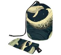 Borsa per cosmetici da viaggio con coulisse, borsa per il trucco a botte, con balene oceaniche, grande, organizer per articoli da toeletta impermeabili, Balene blu dell'oceano,