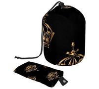 Borsa per cosmetici da viaggio con coulisse, borsa per il trucco a botte, con motivo a corona reale dorata, grande, organizer per articoli da toeletta, Dorato Royal Crown Pattern Nero,