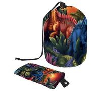 Borsa per cosmetici da viaggio con coulisse, borsa per il trucco a forma di dinosauro, grande, organizer per articoli da toeletta impermeabile per, Pop Art Dinosauro Mondo,