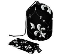 Borsa per cosmetici da viaggio con coulisse, mini borsa per il trucco a forma di giglio bianco argento grande organizer per articoli da toeletta impermeabile per le donne, Mini Fleur De Lis Bianco