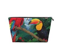 Borsa per cosmetici da viaggio con stampa di ara e tucano appollaiati di foreste pluviali tropicali, con cerniera dorata, organizer per cosmetici, trousse da toilette per donne, mamme e ragazze
