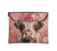 Borsa per cosmetici floreale, design mucca, borsa da viaggio vintage chic da donna, piccola borsa portatile in tela con cerniera, scelta perfetta per festival, Pesca, 7x9 Inch, Mucca