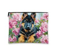 Borsa per cosmetici floreale, peonie e cani di pesca, borsa da viaggio per trucco da donna, piccola borsa portatile in tela con cerniera, borsa da toilette regalo per amanti degli animali, Pesca, 7x9
