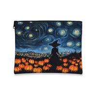 Borsa per cosmetici gotica vintage, motivo strega e zucca, astuccio da viaggio per trucco da donna, custodia portatile in tela con cerniera, organizer per la cura della pelle di Halloween, 17,8 x 22