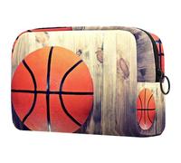 Borsa per cosmetici in legno retrò con palla da basket da donna, borsa da viaggio per articoli da toeletta grandi, pratica borsa organizer con cerniera, Multi, 18.5x7.5x13cm/7.3x3x5.1in, Beauty case