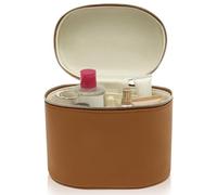 Borsa per cosmetici in poliuretano, con chiusura lampo, 20,5 x 14 x 16 cm, con manico, fodera interna rimovibile, organizer per cosmetici, per shopping, viaggi, appuntamenti e feste, marrone, 1