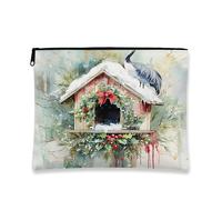 Borsa per cosmetici invernale a forma di casetta degli uccelli, borsa per trucchi vintage da donna, organizer portatile in tela con cerniera, borsa da toilette per le vacanze, 17,8 x 22,9 cm
